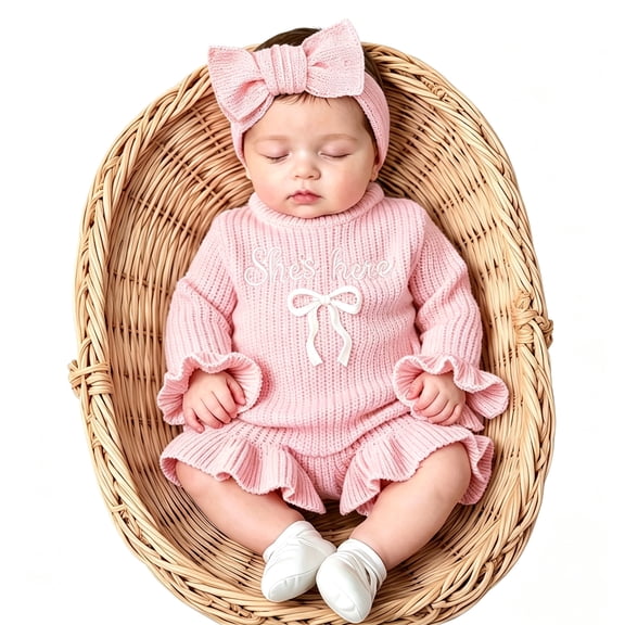 Ylsteed Newborn Embroidery Knitted Ruffle Trim Romper with Bow Headband Soft Sweater Photography Outfit Daily Casual Wear for 0-3 Months Baby Girl Casual Wear