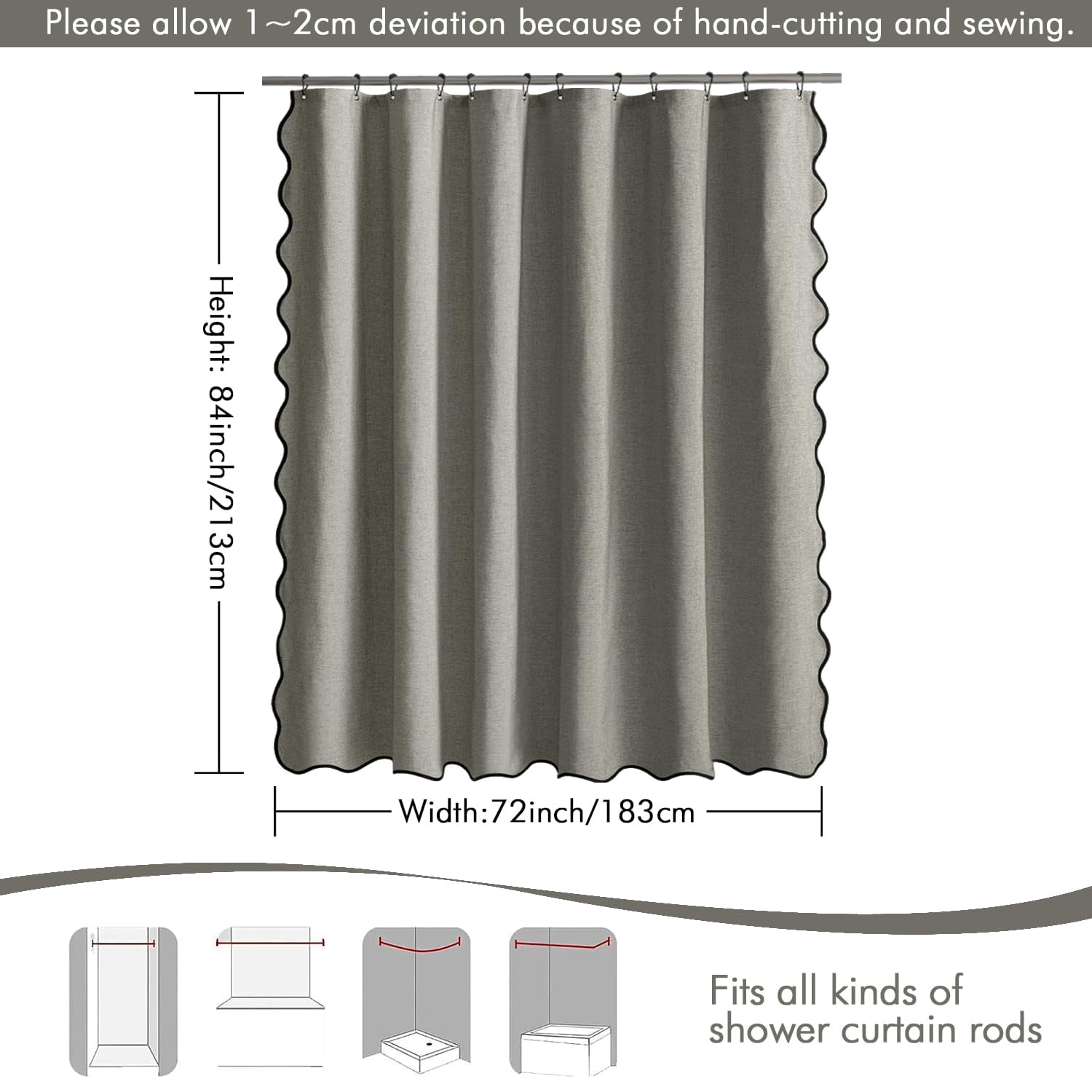 qtess A84" Long Scalloped Shower Curtain Linen Textured with 12 Metal Hooks Cute Extra Long Heavy Duty Washable Waterproof Cloth Shower Curtains with Black Border for Bathroom Hotel Bathtub,Khaki