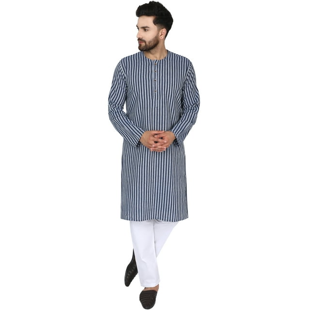 SKAVIJ Men's Tunic Cotton Kurta Long Shirt Regular Fit (Small, Blue Stripe)