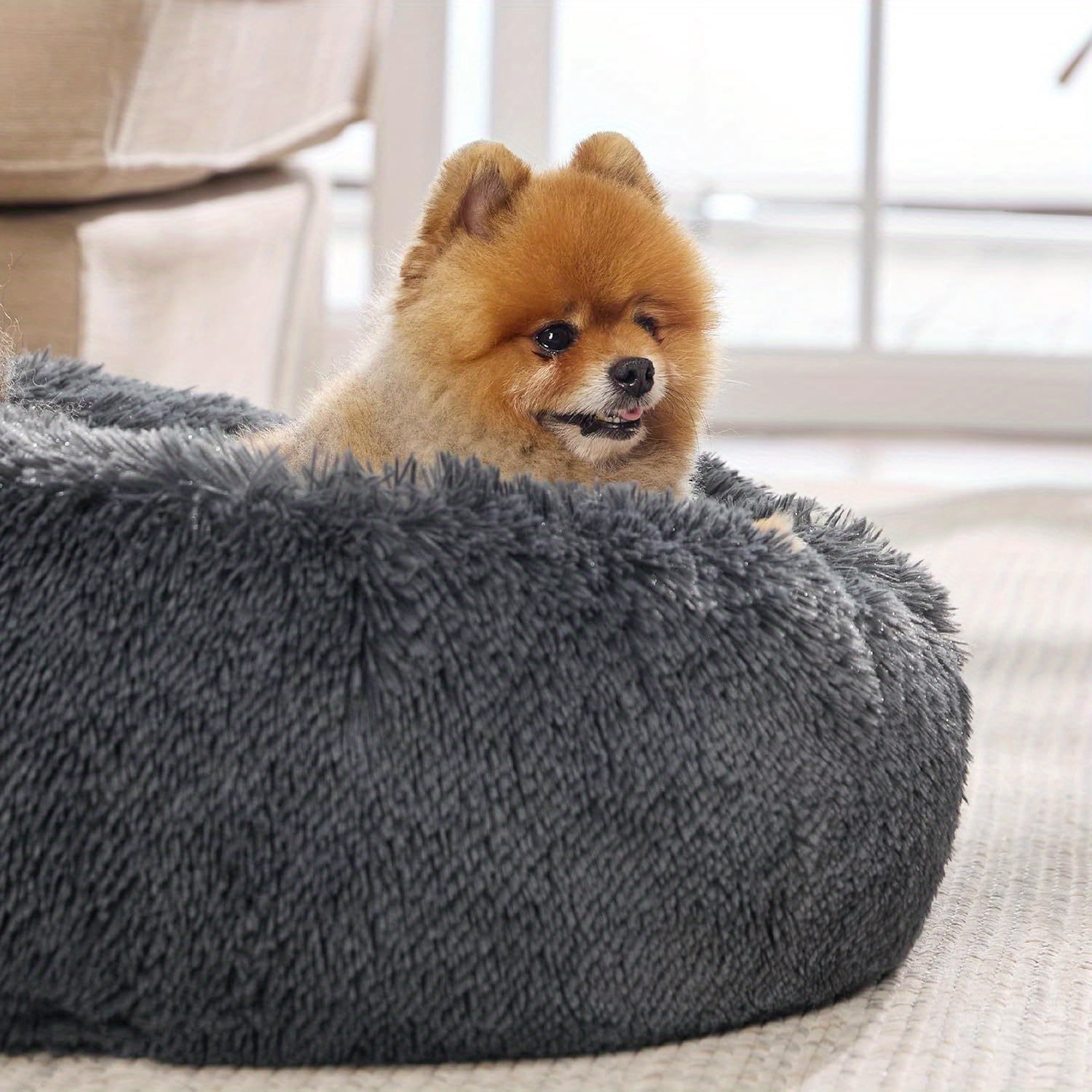 Calming Dog Bed for Medium Dogs - Donut Washable Medium Pet Bed, 30 inches Anti-Slip Round Fluffy Plush Faux Fur Cat Bed, Fits up to 45 lbs Pets