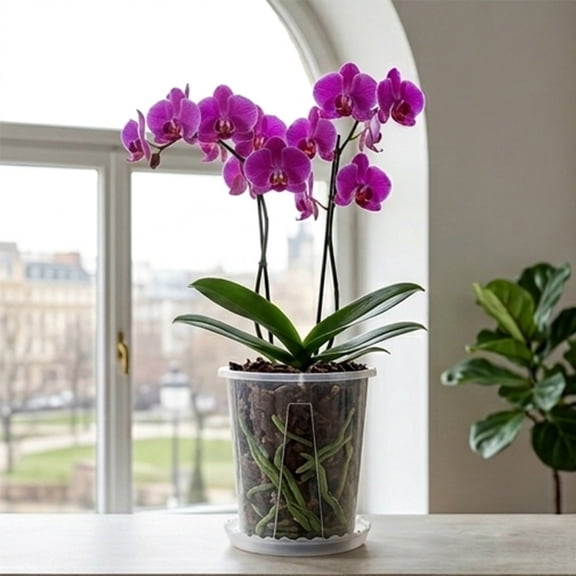 Orchid Pot, Clear Orchid Pots with Drainage Holes and Saucer Trays, Durable Plastic Orchid Pots for Repotting, Breathable Slotted Orchids Planter (6.3" W)