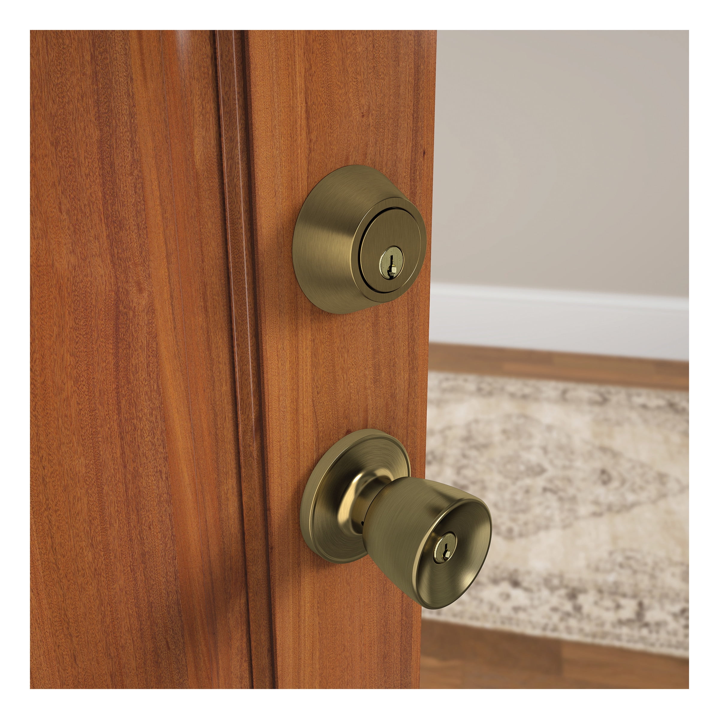 First Secure by Schlage Deadbolt and Keyed Entry Hawkins Knob in Antique Brass
