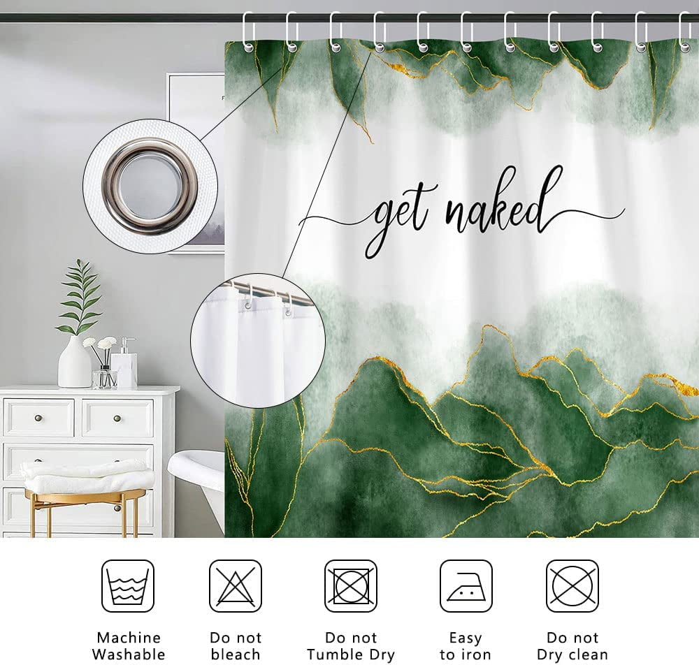 Get Naked Green Shower Curtain, Golden Green Marble Texture Shower Curtain Sets, Abstract Watercolor Modern Bathroom Curtain with Hooks Waterproof Fabric Decor, 48X70IN