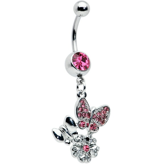 Body Candy 14G Stainless Steel Belly Ring Piercing Pink Butterflies Flower Dangle Belly Button Ring