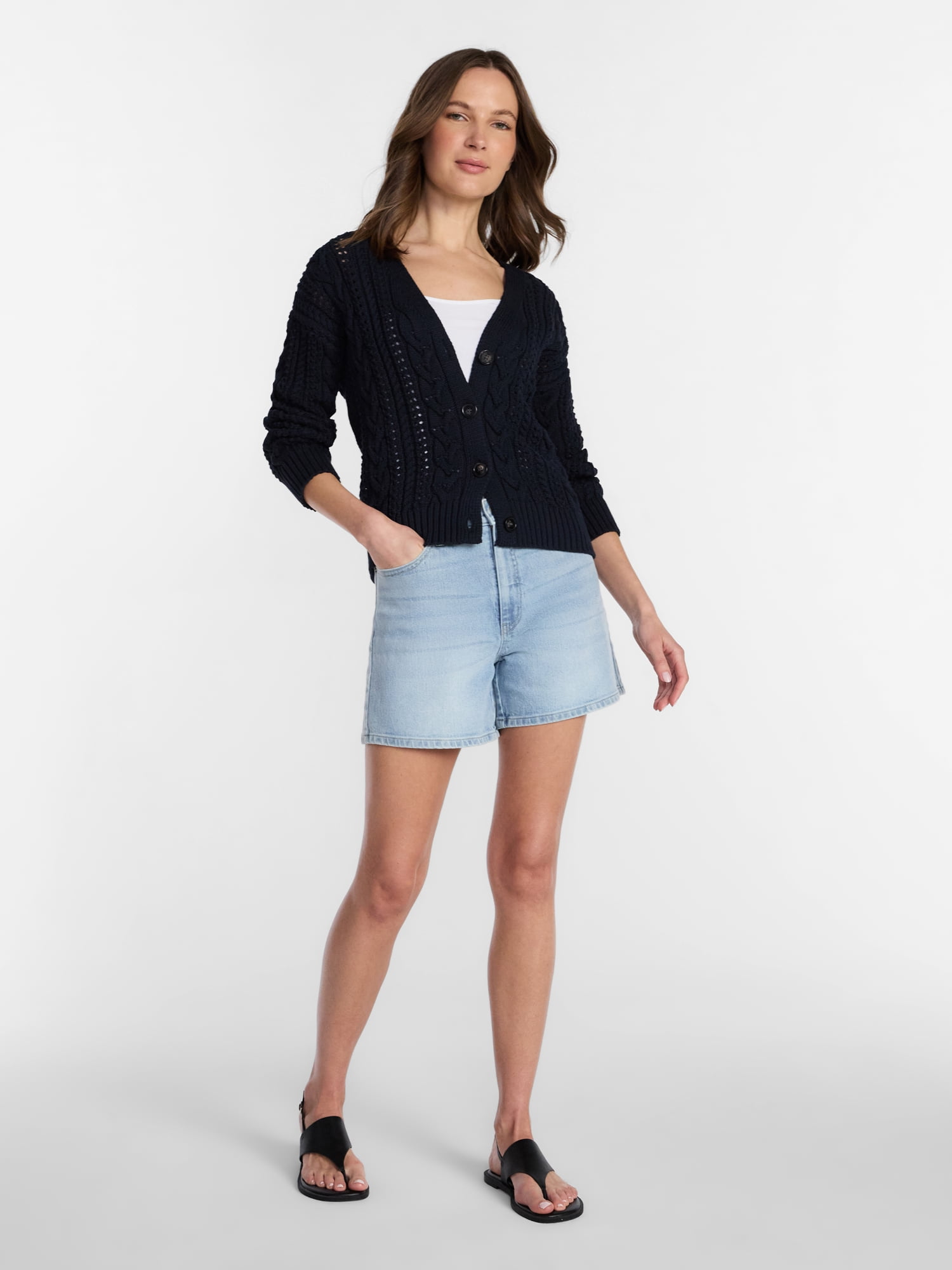 Time and Tru Women's Cable Knit Cardigan Sweater, Lightweight, Sizes XS-XXXL