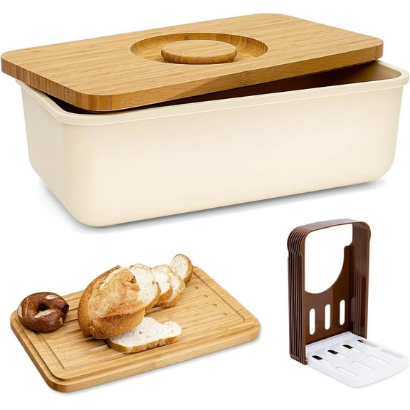 Bread Box With Bamboo Wood Cutting Board Lid & Bread Slicer Holder, Rectangular Cream Color Bread Container For Kitchen Countertop, 14.8 x 8.4 x 5.3in, Bread Storage Container