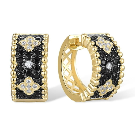Santuzza Sterling Silver Gemstone Flower Shape Gold Plating Earrings Black Spinel Cubic Zirconia Hoop Earrings for Women
