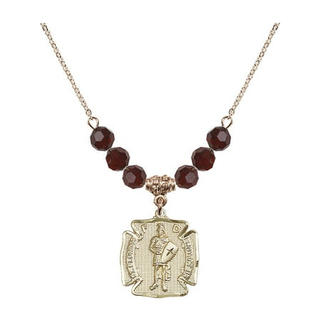 Gold Saint Florian Medal 18-Inch Hamilton Gold Plated Necklace with 6mm Red January Birth Month Stone Beads and Saint Florian Charm ()