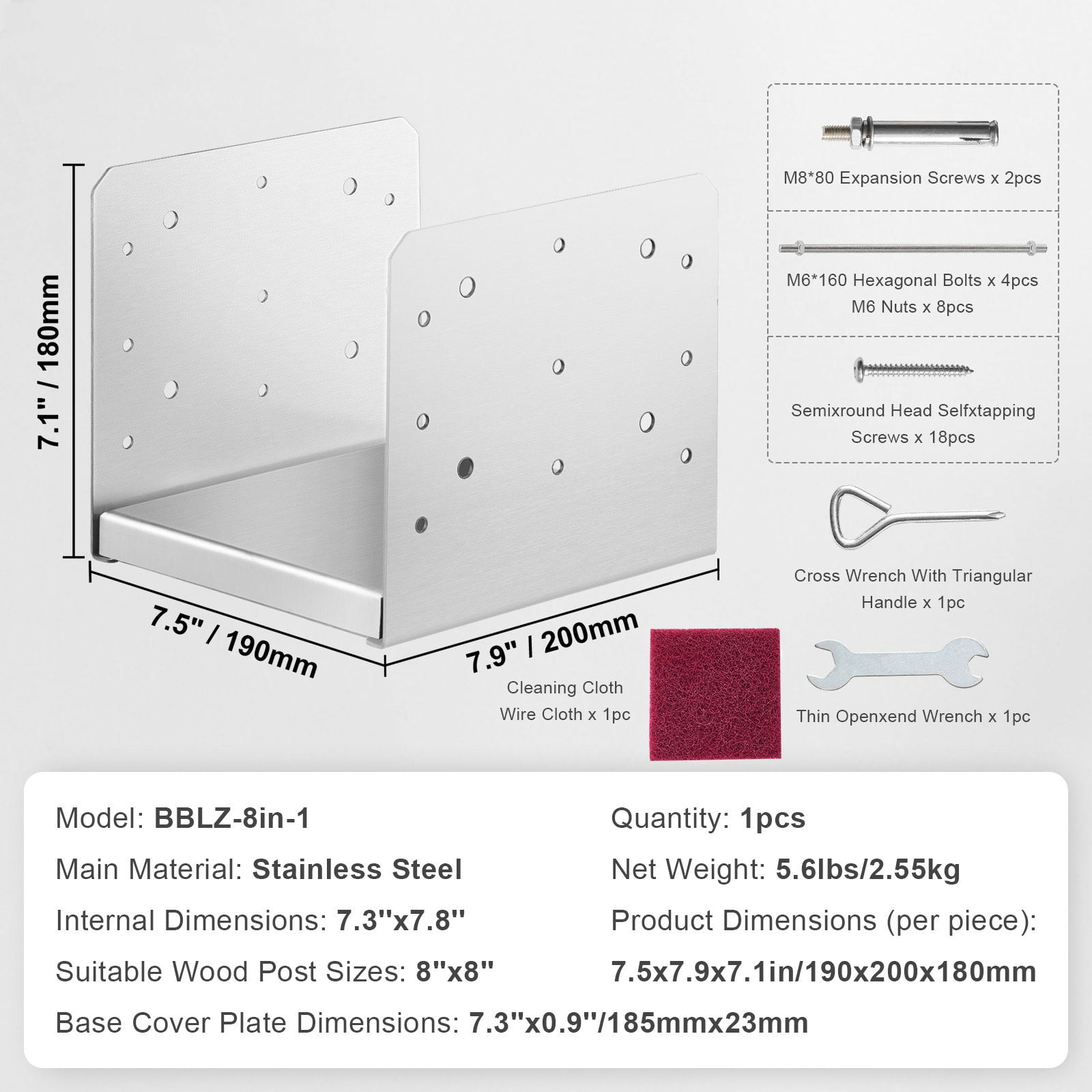 Stainless Steel Post Base Connector, 3.5" x 3.5" Wood Post Bracket, 201 Stainless Steel, 0.07" Thick, with Hardware for Deck Railing Pergola