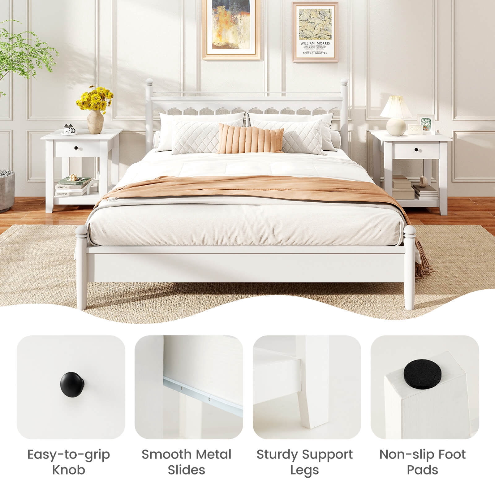 Costway 2 PCS Nightstand with Drawer 3-Tier Modern Bedside Table with Open Shelf Storage White