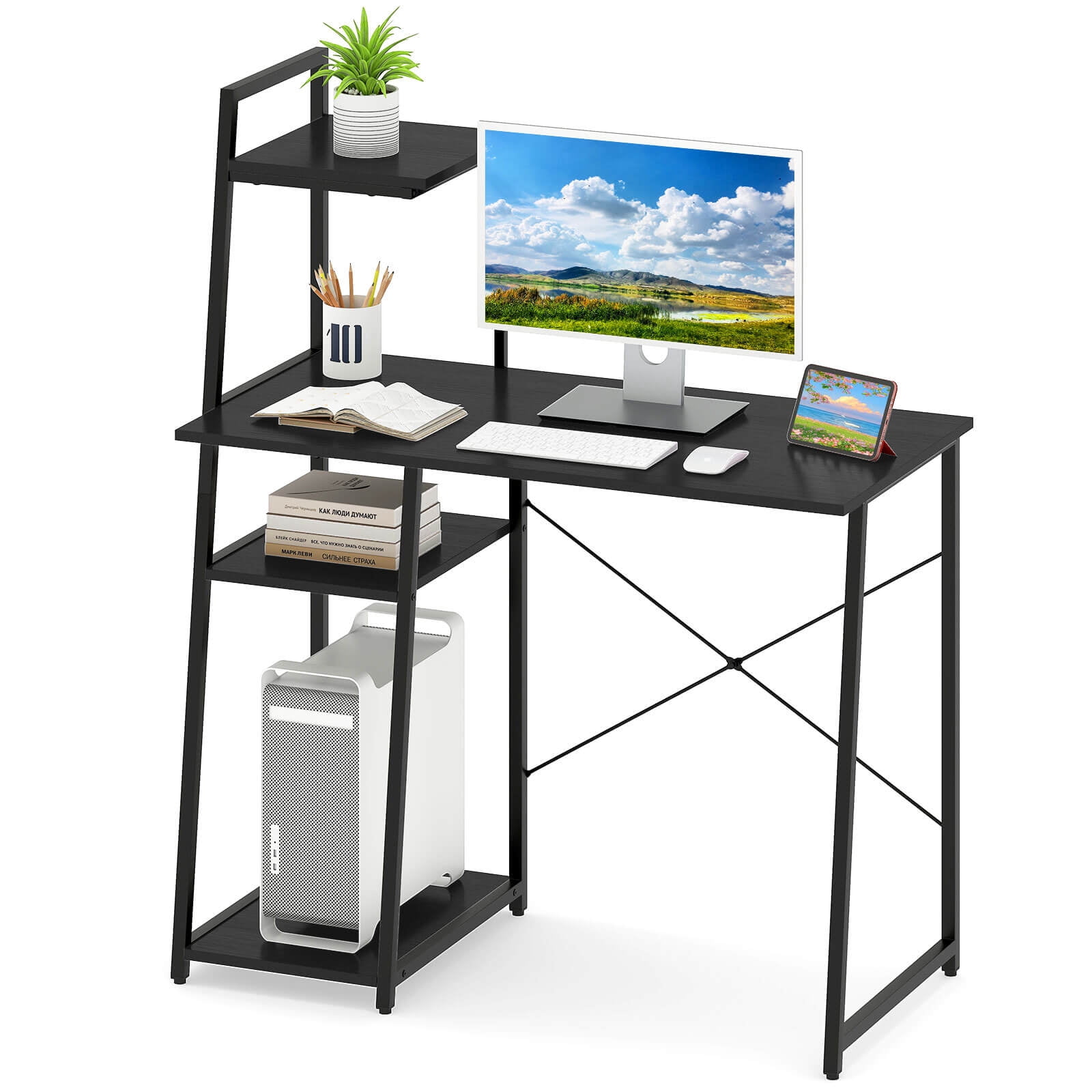 Costway Home Office Desk, PC Laptop Workstation with Bookshelf, Host Stand, Metal Frame Black
