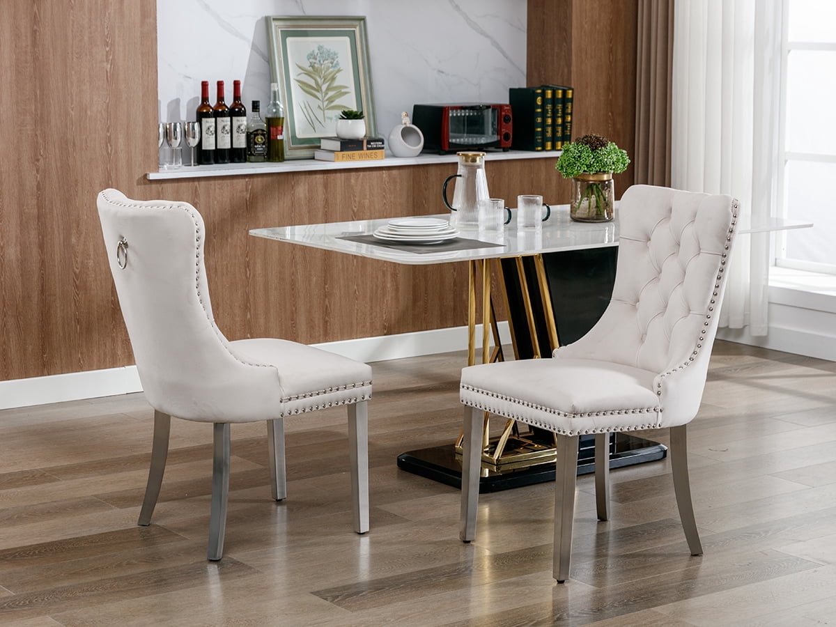 ODUSE-DAILY Beige Velvet Dining Chairs Set of 4, Kitchen & Dining Room Chairs, Tufted Dining Chairs, Fabric Upholstered, Chrome Silver Metal Legs (Beige, 4 Pcs)