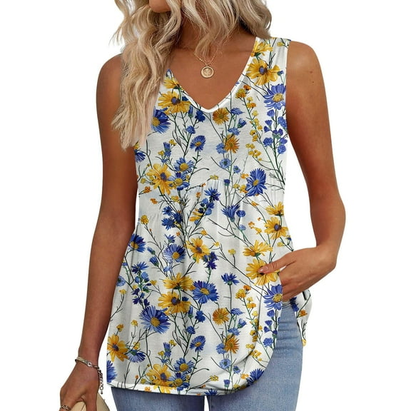Tank Tops for Women Sleeveless V Neck Casual Floral Printed T-shirt Multicolor XXL