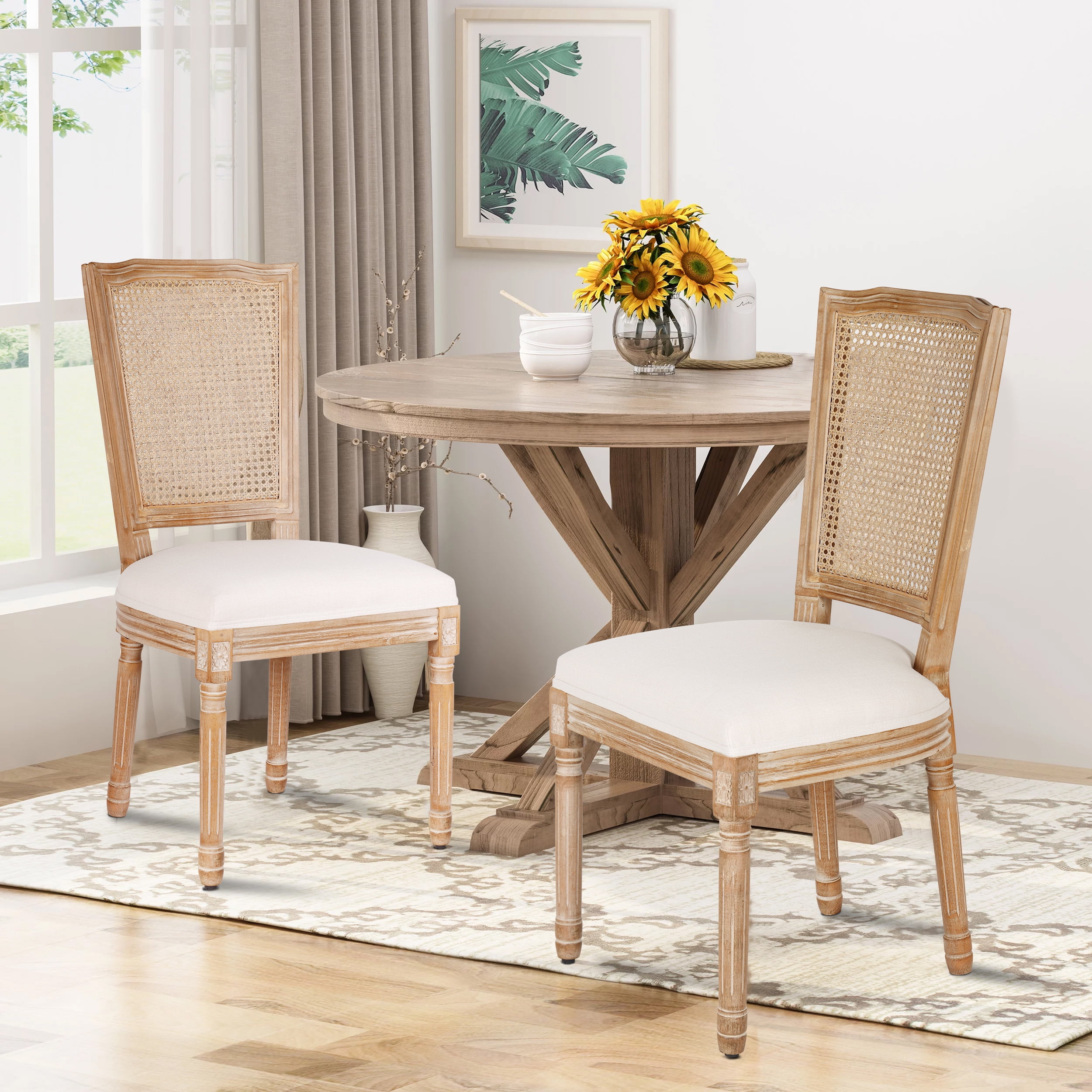 French Dining Chairs Set of 2 Beige Natural Fabric Square Back with Solid Wood Legs and Frame for Bedroom Dining Room Kitchen