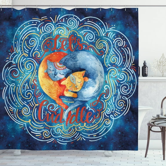 Lets Cuddle Shower Curtain, Dreamy Cozy Illustration with Two Cats Hugging and Sleeping in the Center Motif, Fabric Bathroom Set with Hooks, 69"WX70"L, Multicolor, by Ambesonne