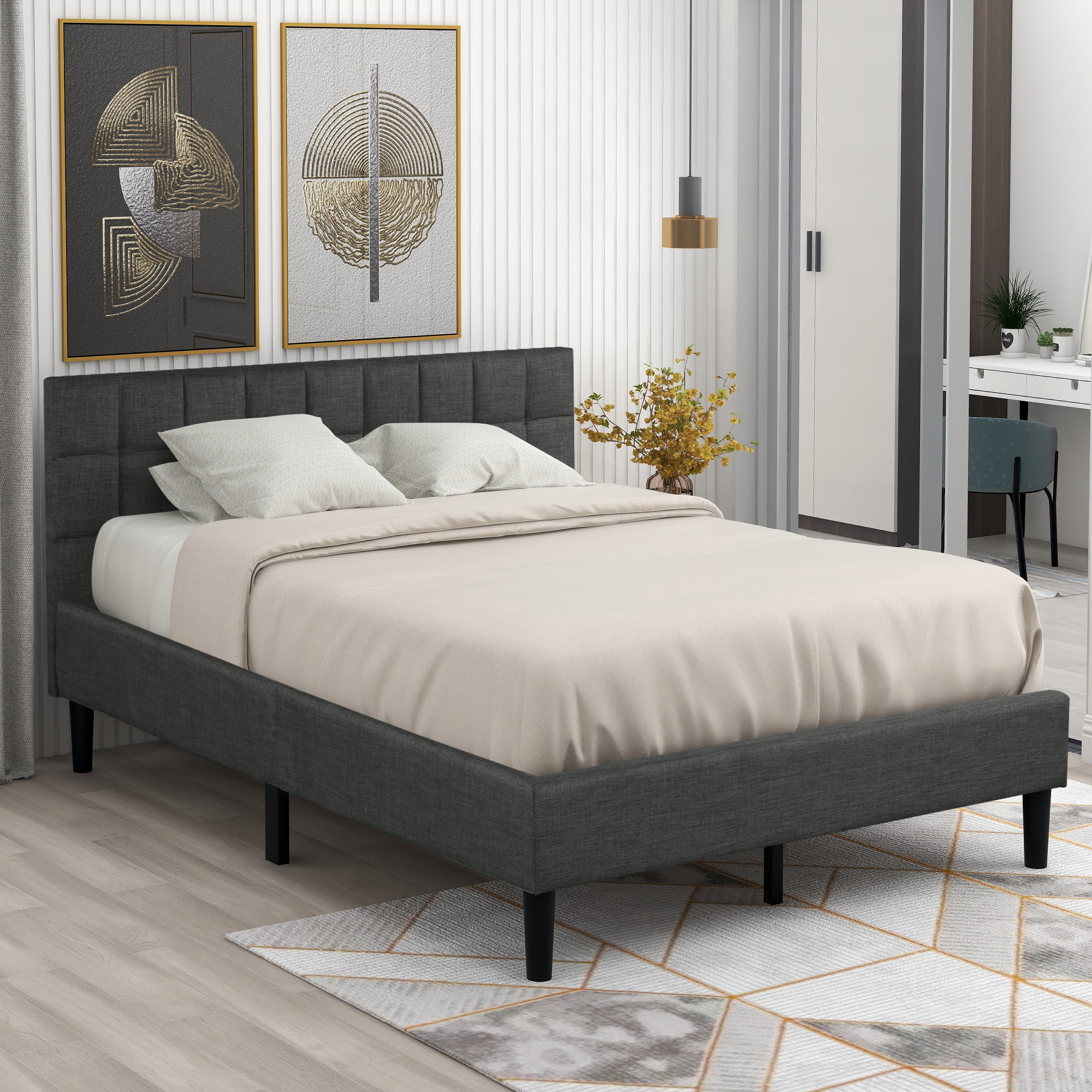 Clearance! Queen Bed Frame with Headboard, Modern Fabric Upholstered