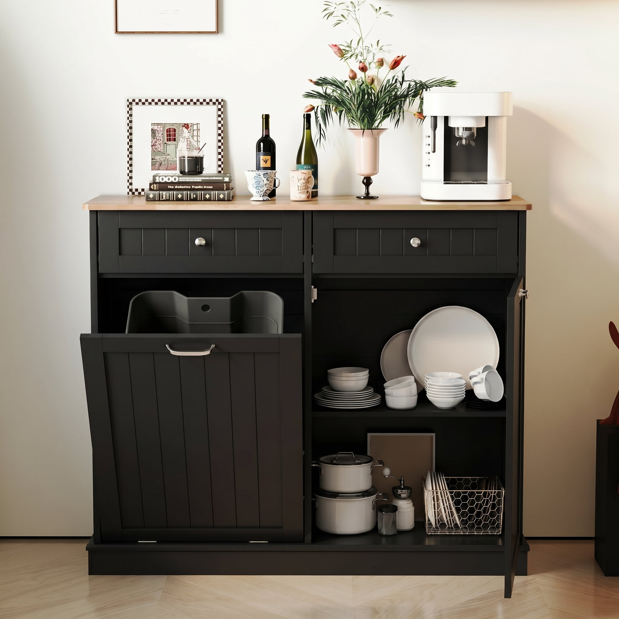 AHB 13 Gallon Single Tilt Out Trash Cabinet with Drawer and Handle, Kitchen Trash Can Storage Organizer, 39.4"L x 14"W x 38.3"H, Black