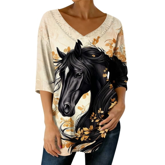Women's Tops, Tees & Blouses Plus Size,Womens Tops Horse Printed 3/4 Sleeve Western Vintage 3D Graphic T Shirts Vneck Funny Gift Shirts Equestrian Cowgirl Blouse