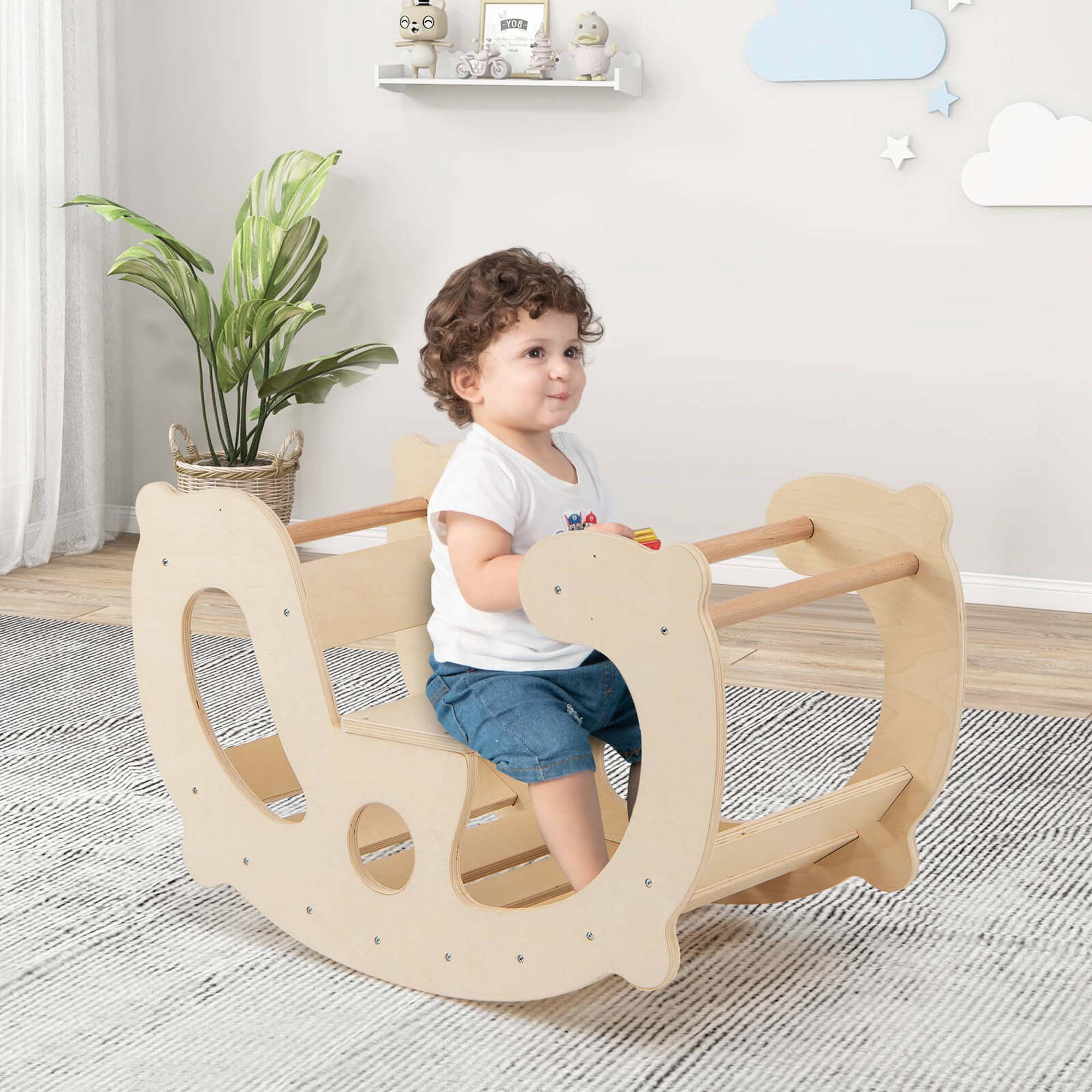 Costway 2-in-1 Rocking Horse Arch for Kids with Rocker Arch Climber Comfortable Backrest Natural