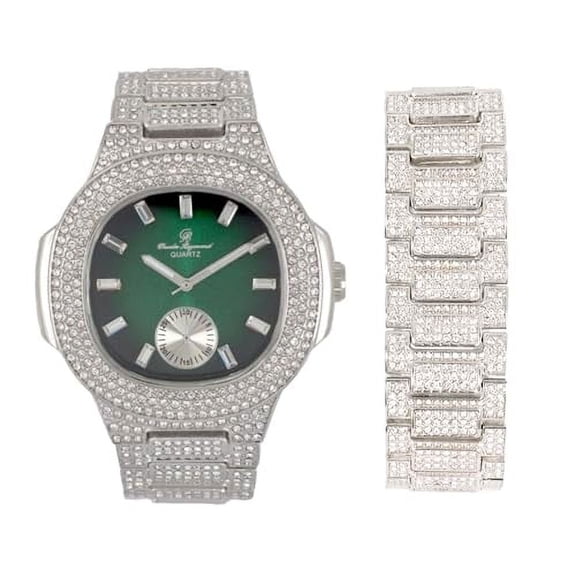 Charles Raymond Blinged Out Oblong Case Metal Mens Watch w/Matching Blinged Out Bracelet Set - ST10235 VO SLV GRN -B