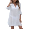 thumbnail image 1 of Vestido playero para mujer, blusa sólida con cuello en V de tres cuartos y dobladillo irregular, MABOTO Vestido, 1 of 7