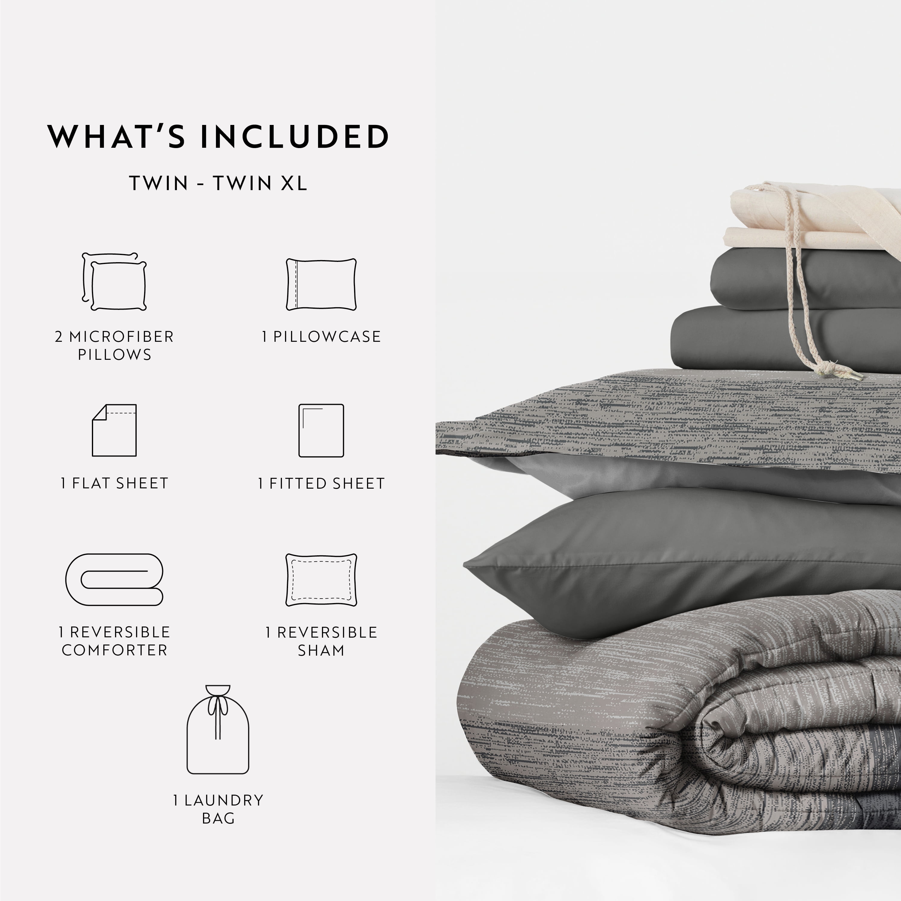 Noble Linens 8 Piece Dorm Bedding Bundle, Comforter & Sheet Set, Pillows, Laundry Bag