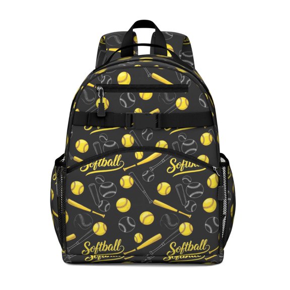 Softballs and Text Black Pattern Cute School Backpack Bag for School with Padded Back and Adjustable Shoulder Straps 15.25"x11.5"x5.25"