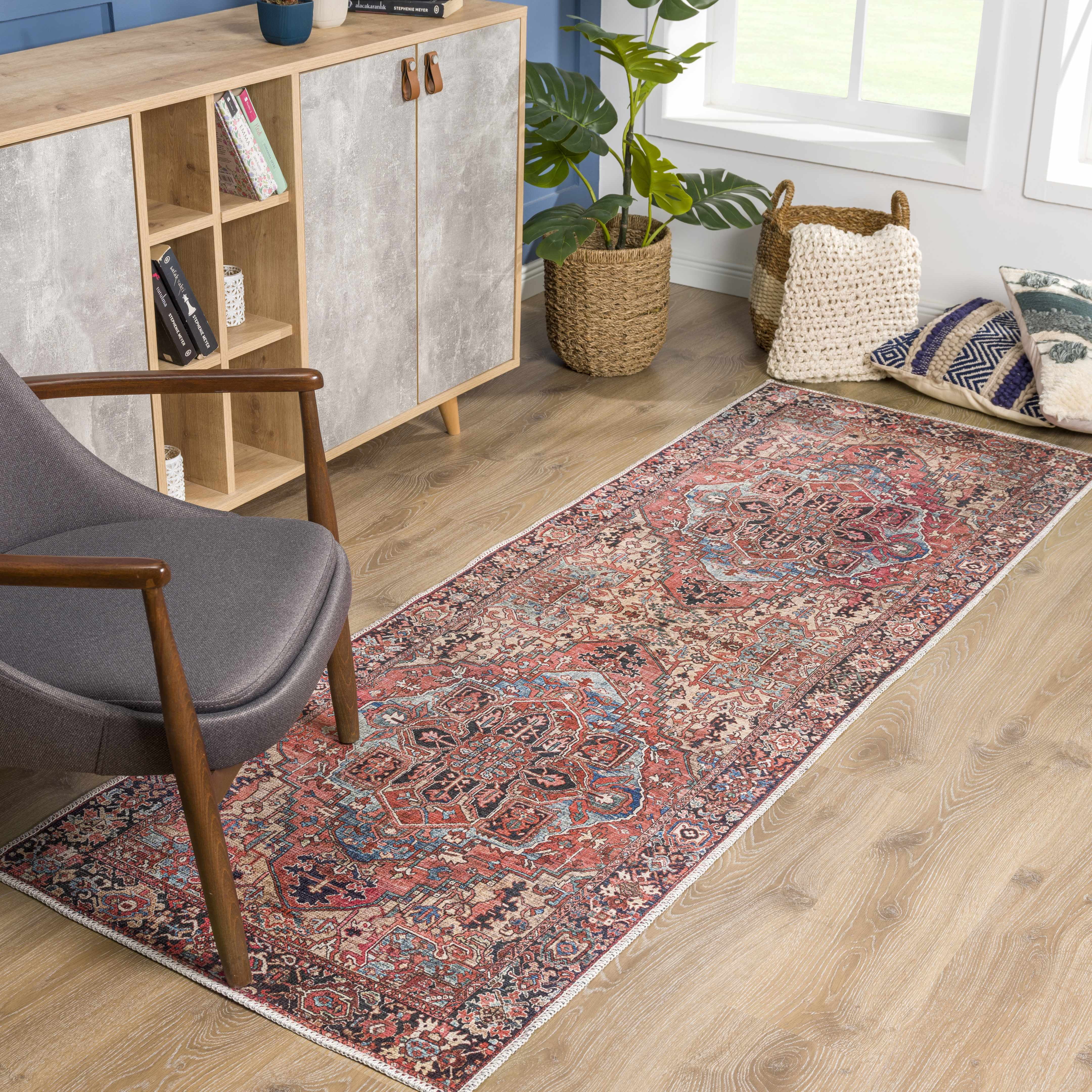 BoutiqueRugs Neyland Washable Runner Rug - Bright Red, Navy, Peach - 2'6" x 7'6" Runner