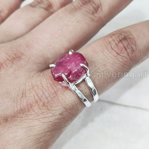 AAA Natural Ruby Ring, Rough Ruby Gemstone Ring, July Birthstone, 2 Hammered Band, 925 Sterling Silver, Womens Ring, Christmas, Thanksgiving, Handmade, Statement Jewelry, Raw Gemstone Jewelry