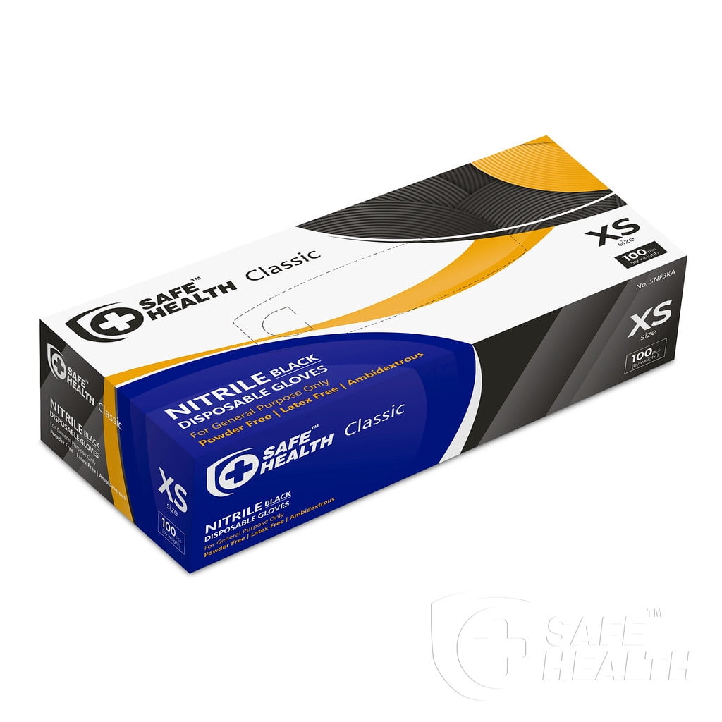 SAFEHEALTH Nitrile Black Disposable Gloves, Free of Latex-Powder, Finger Textured, 3.5 Mil, Food Safe-Tattoo-Salon-Mechanic-Auto-Daily Use, Case of 1000, Size XS