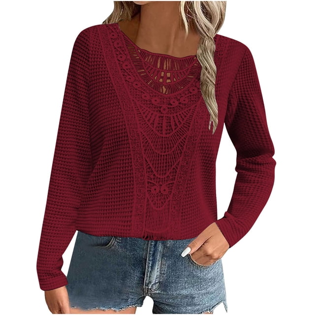 hotojiny Hauts de Printemps pour Femmes Légers et Stylés Blouse à Manches Longues en Patchwork de Dentelle Col Rond Chandail Ajouré