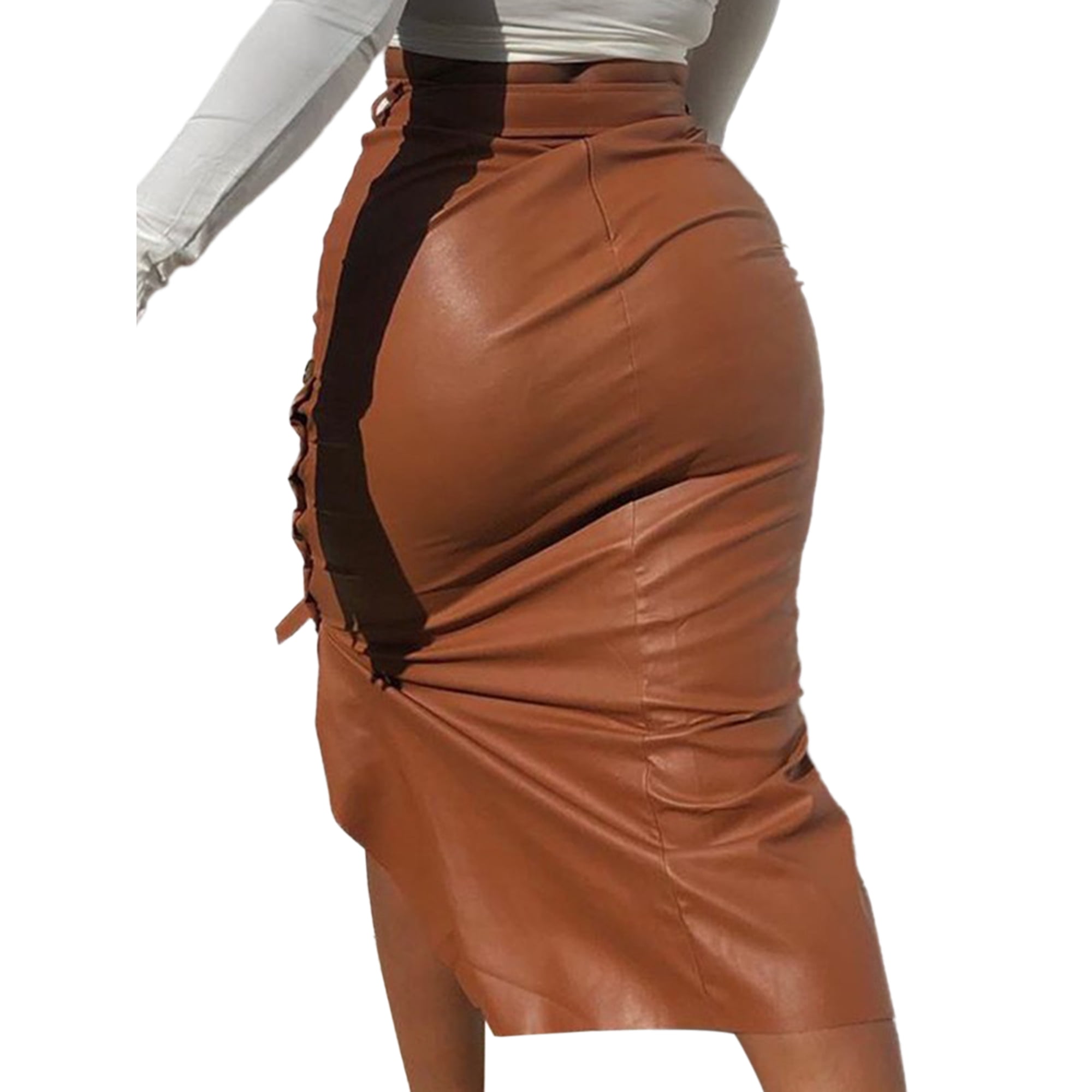 Wifornt Women s Faux Leather Midi Skirt High Waist Button Trim Solid Color Slit Bodycon Pencil Skirt With Belt Brown