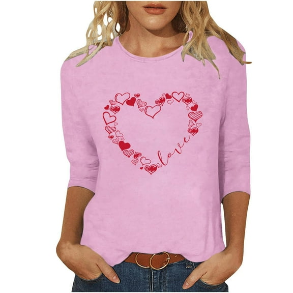 3/4 Length Sleeve Tops for Women Cute Hearts Printed Valentines Day Holiday Tees Long Sleeve Crewneck T-shirts (XL, Pink #E)