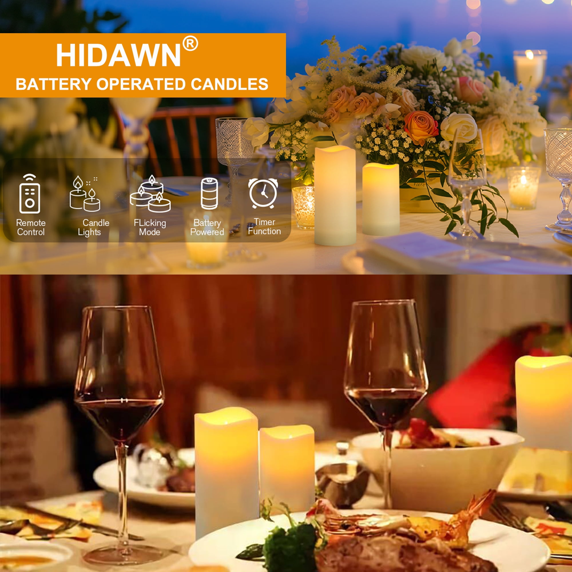 HIDAWN Flameless Pillar Candles with Remote,9 Pack Outdoor Large LED Fake Candles Battery Operated Electric Votive Flicker Lights,Ivory