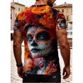thumbnail image 2 of Men's Mexican Day of the Dead T-Shirt - 3D three-dimensional floral skull and crown print, casual crew neck short-sleeved T-shirt, suitable for year-round wear, themed parties and cultural clothing, 2 of 5