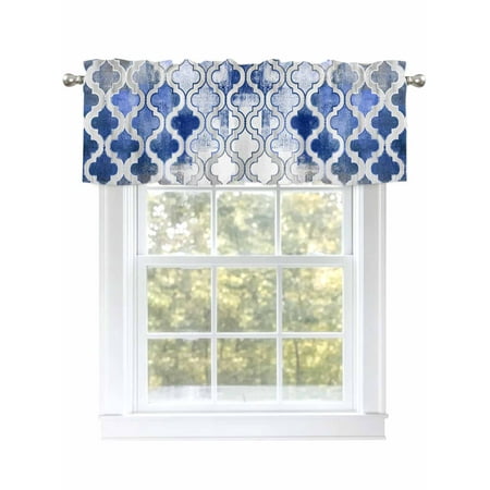 Vintage Plaid Valances for Windows Rod Pocket Kitchen Valance Curtains - Soft & Washable Small Window Treatment for Living Room Bathroom Blue Gray Moroccan 54x18inch