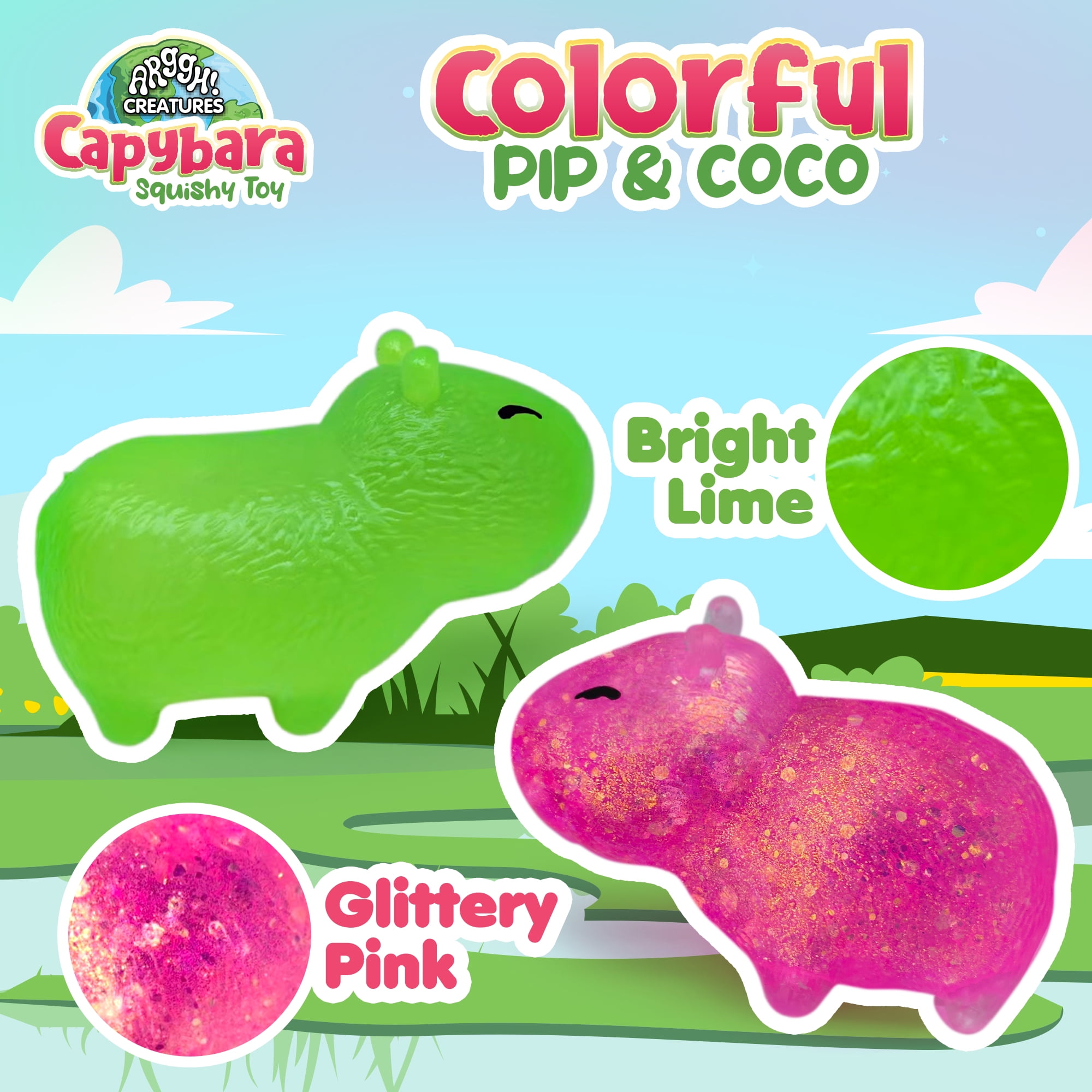 Power Your Fun Capybara Squishy Stress Relief Fidget STEM Toys for Adults & Kids 2-Pk (Pink, Green)