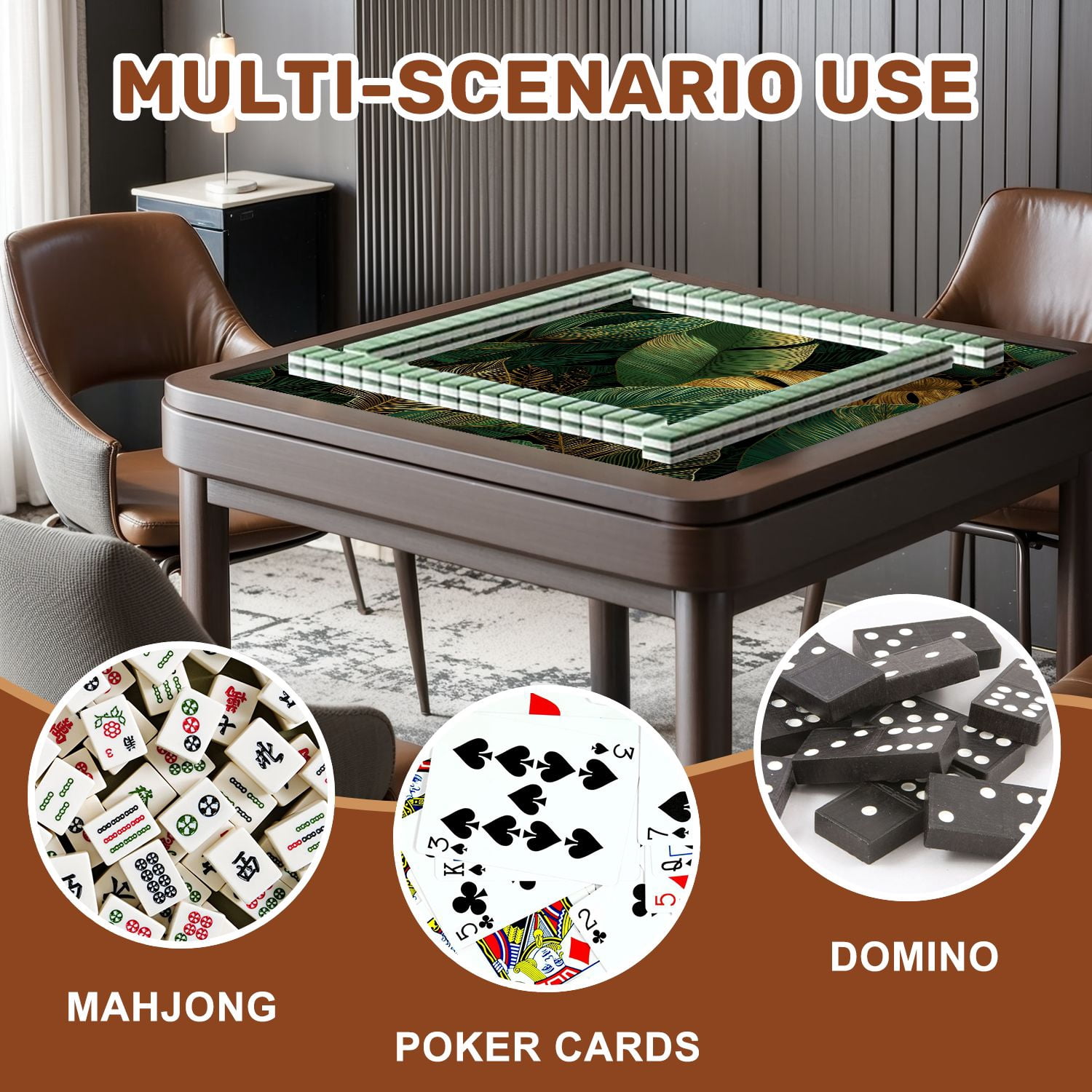 Mahjong Mat 31.5" x 31.5" golden green tropical leaves white Seamless Non-Slip Noise Reduction American Mahjong Tiles Table Cover for Dominoes Poker Card Board Games Gift