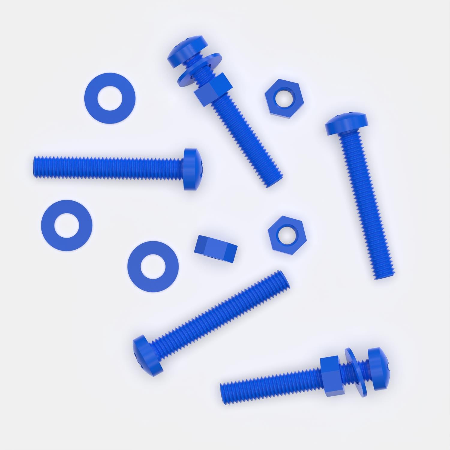 20 x Blue Pan Head Screws Polypropylene (PP) Plastic Nuts and Bolts, M3 x 20mm, Washers, (3/32 x 25/32 in)