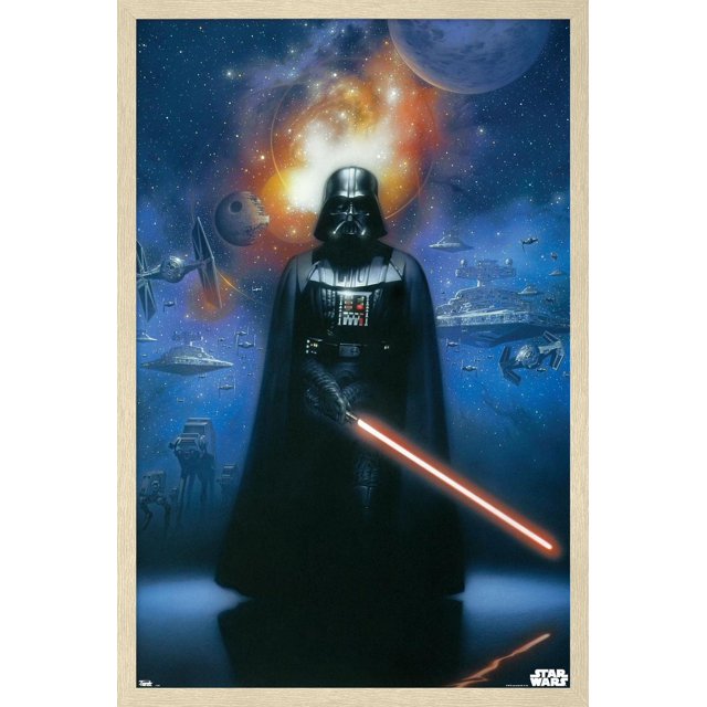 Star Wars : Saga - Vader dans l'Espace Affiche Murale, 22,375 Pouces x 34 Pouces Encadrée, Représentant Darth Vader avec un Sabre Laser Rouge contre une Scène Spatiale Remplie d'Étoiles Mettant en Vedette des Planètes, l'Étoile de la Mort, des Combattants TIE, des Destructeurs d'Étoiles et des Marcheurs AT-AT, Parfait pour l'Art Mural et la Déco Maison.