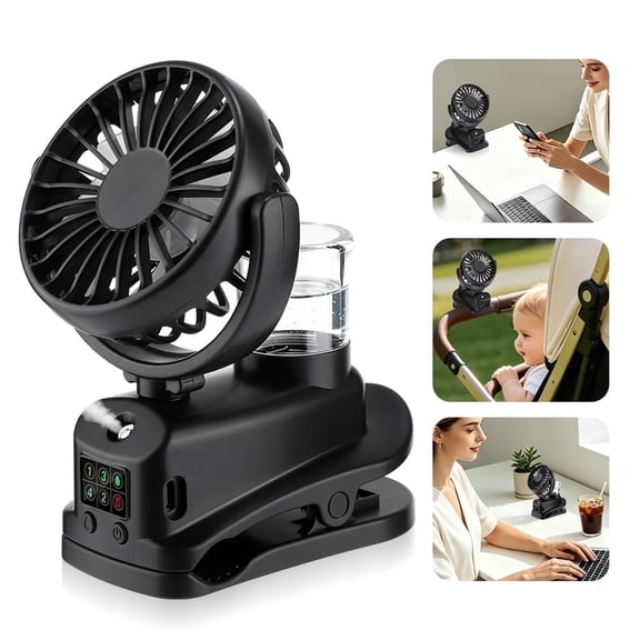 2 in 1 Clip Fan with Mist, 4 Speeds & LED Display, 360° Rotating, 1200mAh Stroller Fan, Black