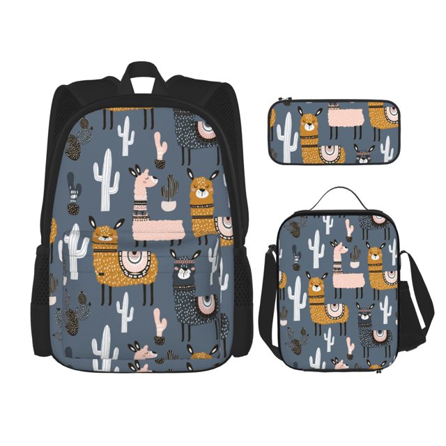 Easygdp Llama and Cactus Mochila para Niños y Niñas con Set de Caja de Almuerzo y Estuche para Lápices 3 en 1, Mochila Escolar Estampada para Adolescentes