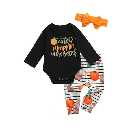 

Aunavey Baby Girl My First Halloween Outfits Pumpkin Romper Bodysuit Floral Pants Set 3Pcs Clothes