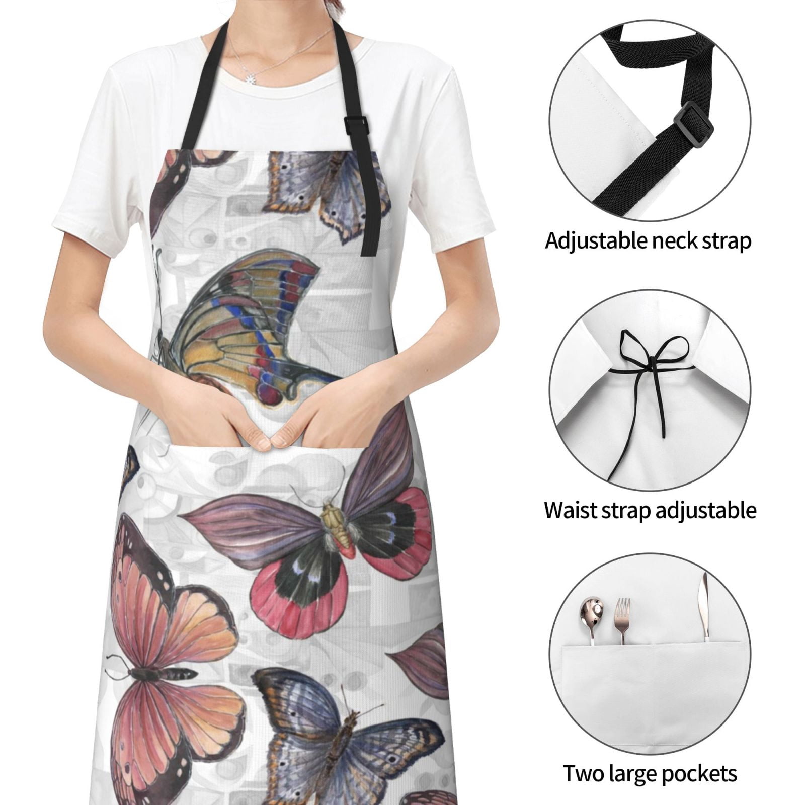 Kdxio Vintage Butterflies Apron with Pockets Adjustable Kitchen Aprons for Men Women Waterproof Aprons for Cooking,Drawing,Crafting, Baking Household Cleaning