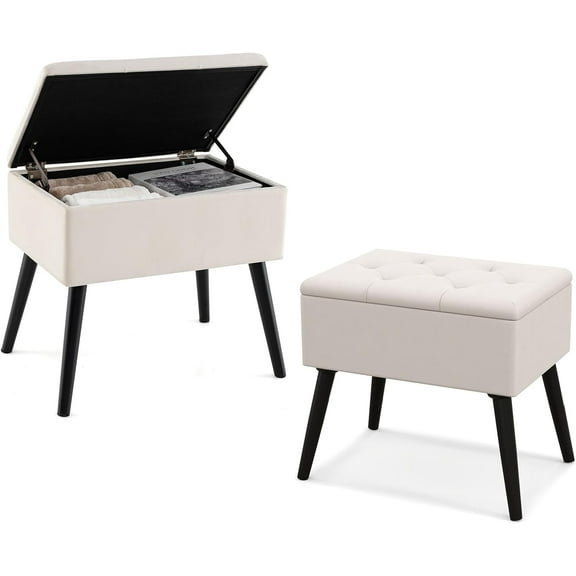 GOFLAME Vanity Stool Chair with Storage Set of 2, Velvet Ottoman Foot Rest with Solid Wood Legs & Flip-Up Padded Seat, Modern Shoe Changing Stool for Makeup Room, Entryway, Bedroom, Beige