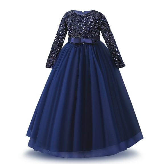 IBTOM CASTLE Kids Girls Long Sleeve Royal Palace Lace Dance Princess Gothic Victorian Gowns Fancy Masquerade Dress for Wedding Pageant Party 6-7 Years Navy Blue