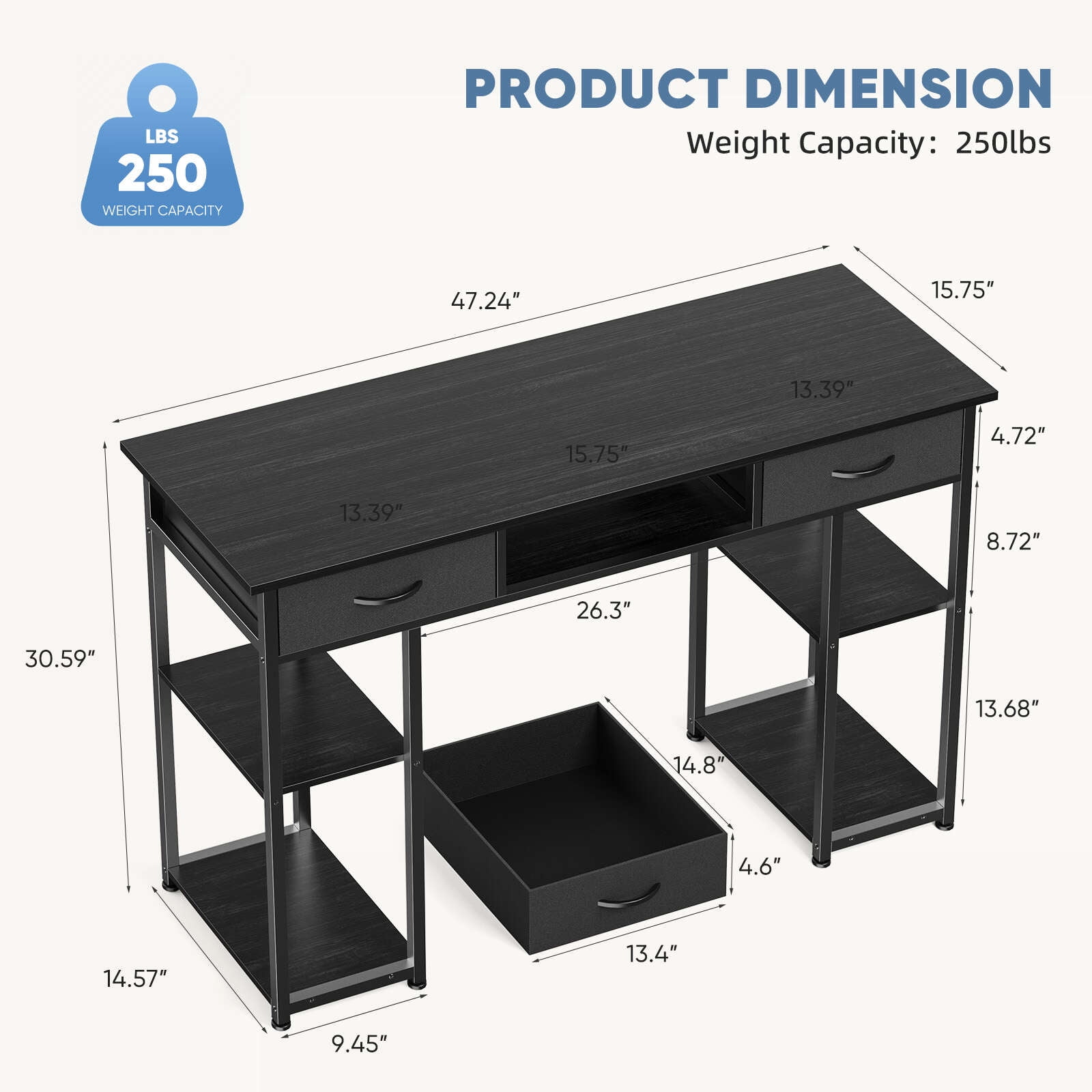 MCQ 48 Inch Desk with 2 Drawers Bedroom Kids Student Vanity Home Office Computer PC Table,Black