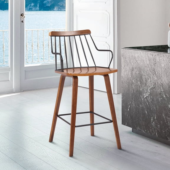 Armen Living Indoor Maxen 30" Gray Faux Leather and Brushed Stainless Steel Swivel Bar Stool