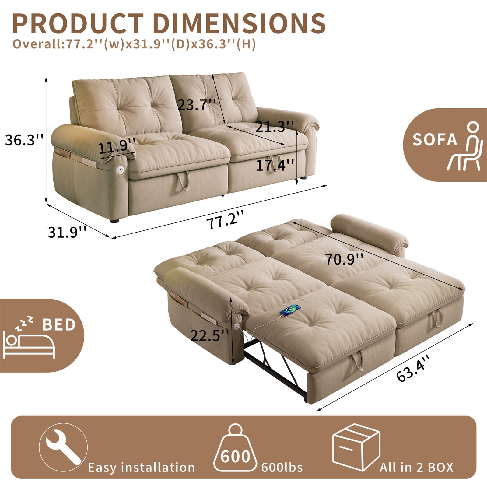 Hommoo 70" Convertible 2-in-1 Pull Out Couch Bed, Multi-Functional Velvet Loveseat Sleeper Sofa Bed, Light Brown
