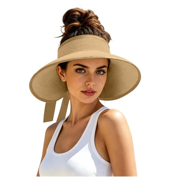 TFEOQRY Women's Straw Sun Visor Hat with Bow Back Detail UV Protection Wide Brim Summer Beach Ponytail Hat